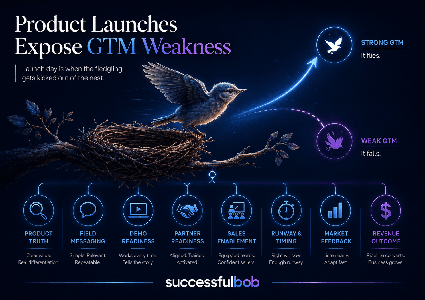 Visual showing a fledgling about to launch from a nest. If GTM is done well, it will fly.