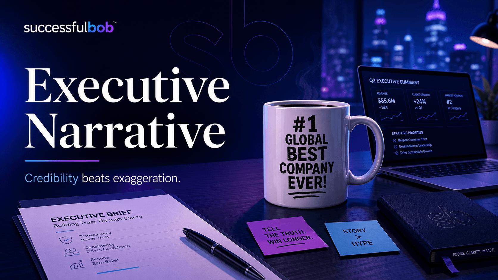 image talks about the importance of credibility over exaggeration while showing a mug that exaggerates about the company