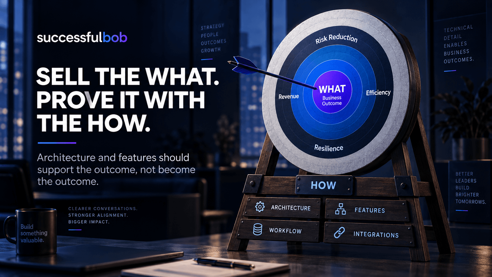 Archery target labeled with executive outcomes, supported by a stand labeled with architecture, features, workflows, and integrations to show that technical detail supports the business outcome.